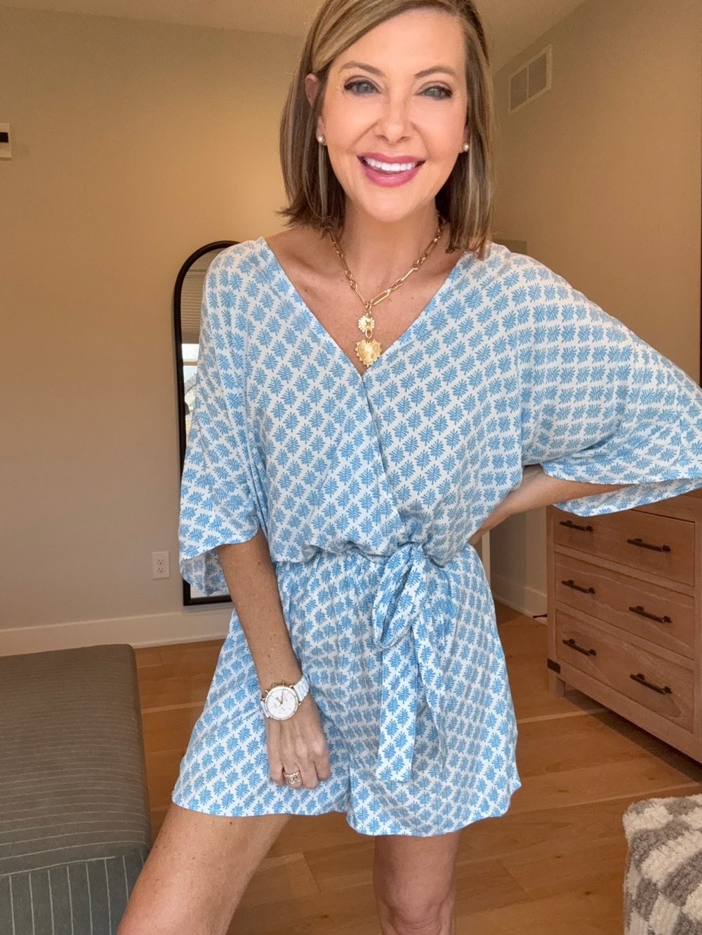 Cupshe Light Blue & White Printed Short Jumpsuit Romper